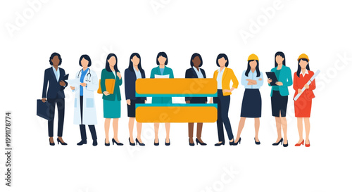 Gender Equality Concept with Diverse Group of Professional Women in Different Careers and Jobs Standing Behind Equal Sign