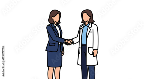 Businesswoman and Female Doctor Shaking Hands, Professional Healthcare Partnership and Medical Business Deal Concept, Vector Illustration