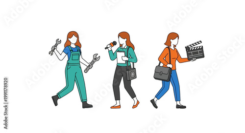 Diverse Careers for Women Illustration - Mechanic, Journalist, and Filmmaker Characters