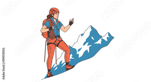 Professional Female Mountain Climber Illustration with Climbing Gear, Helmet, and Rope on Snowy Peak - Vector Graphic Isolated on White