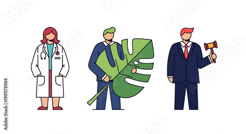Professional Character Icons: Doctor, Environmental Specialist, and Lawyer. Flat Design Set for Career, Healthcare, Ecology, and Legal Concepts.