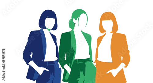 Minimalist Vector Illustration of Three Professional Businesswomen in Colorful Suits; Modern Leadership, Empowerment, and Gender Diversity in the Workplace Concept