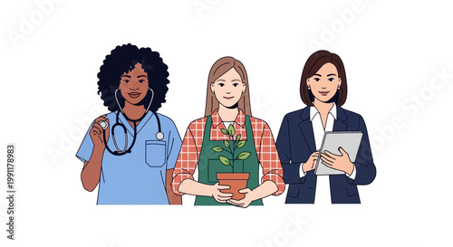 Diverse Professional Women Set: Multiracial Group of Female Doctor, Gardener, and Business Executive Illustration Representing Career Diversity and Empowerment