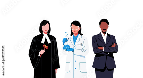 Diverse Professional Women Illustration representing Law, Science, and Business Careers. Empowered female judge, scientist, and corporate leader in a flat vector style.