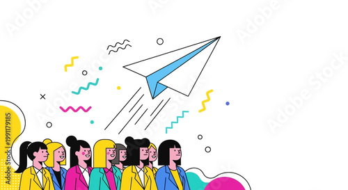Business Startup and Female Empowerment Concept: Diverse Professional Women Watching a Paper Plane Launch into the Sky