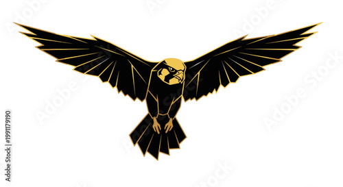 Stylized Black Bird with Golden Eyes in Flight.
