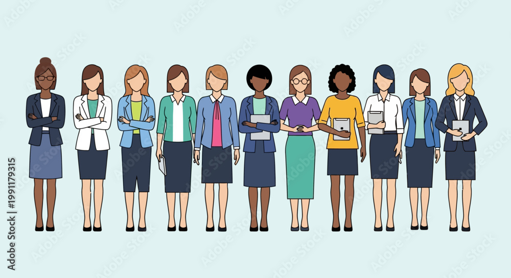 Obraz premium Diverse Group of Professional Businesswomen Standing in a Row, Flat Vector Illustration Concept for Diversity and Inclusion