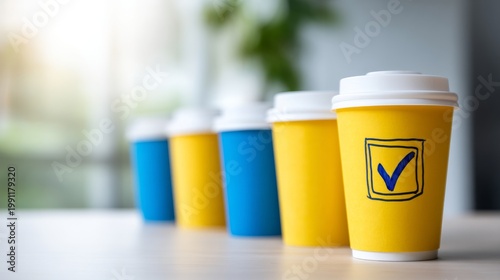Colorful Coffee Cups on a Desk with Checkmark Illustration for Recruiters
