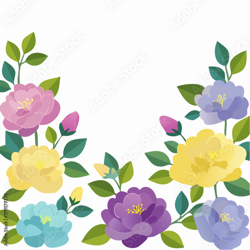 Spring and summer camellia rose floral background vector illustration with lilac and pistachio colors. Vibrant botanical design for wallpaper, banners, invitations, fabric and digital templates. 