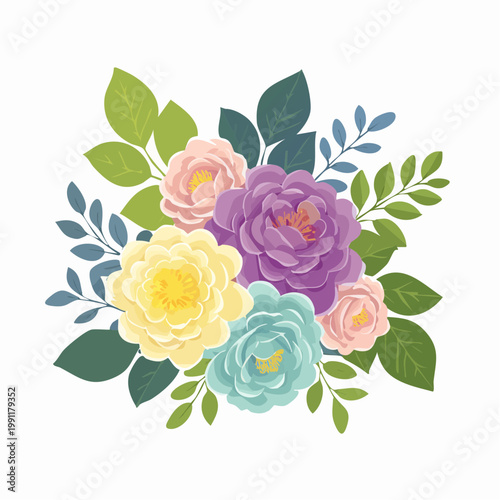 Spring and summer camellia rose floral background vector illustration with lilac and pistachio colors. Vibrant botanical design for wallpaper, banners, invitations, fabric and digital templates. 