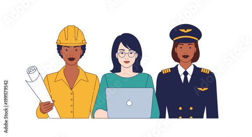 Diverse Professional Women Illustration - Female Engineer, Tech Specialist, and Pilot Representing Workplace Equality and STEM Careers