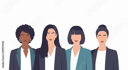 Diverse Businesswomen Team in Professional Attire. Minimalist Flat Vector Illustration of Successful Multiethnic Female Leaders for Corporate Diversity and Inclusion.
