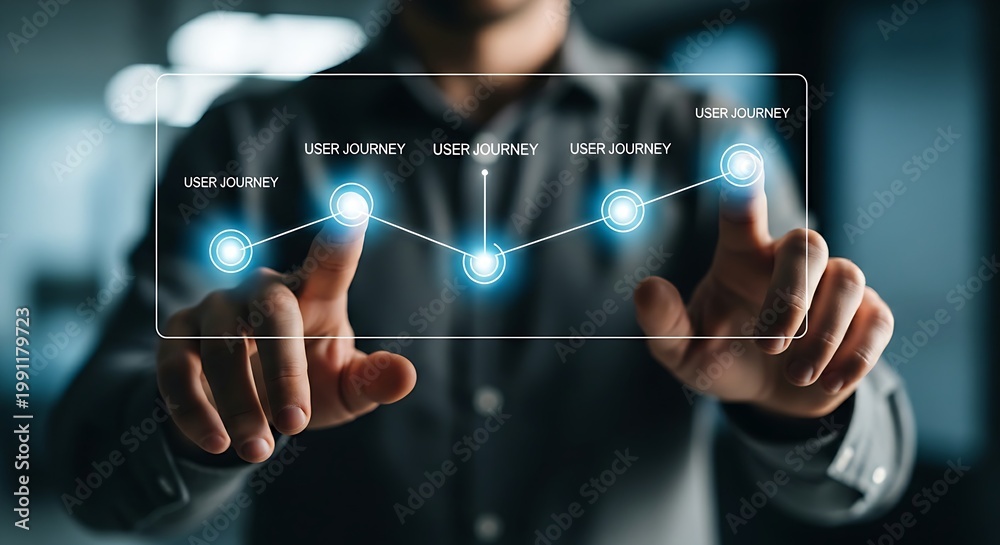 Fototapeta premium User journey mapping concept. A UX specialist's hands trace a simple user path on a holographic interface, with touchpoints lighting up sequentially.