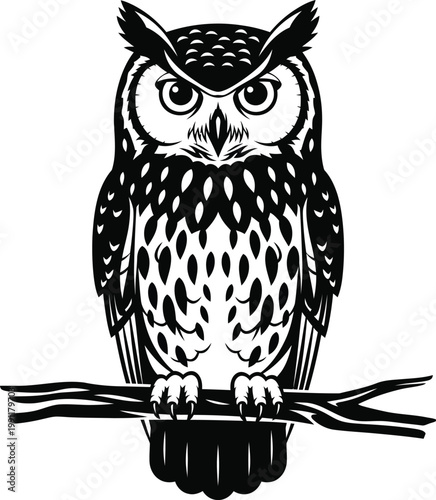 Detailed black and white vector illustration of a wise owl perched on a tree branch.