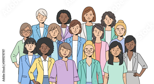Diverse Group of Professional Business Women Illustration, Multi-ethnic Female Team and Leadership Concept, Empowered Women in Business Suits Standing Together