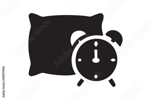 Simple black silhouette of a pillow and classic alarm clock