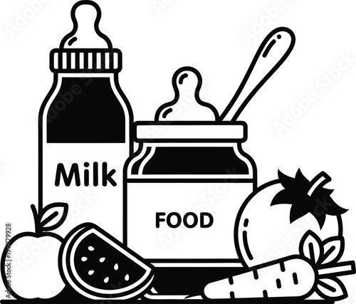 Baby food and milk bottle with fruit and vegetables carrot