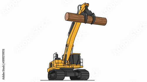 Log loader machine lifting timber log isolated on white background