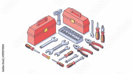 Isometric Mechanic Tools Set with Red Toolboxes on White Background