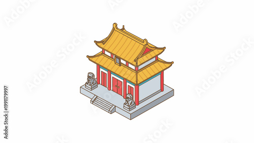 Chinese Temple Isometric Illustration with Guardian Lions