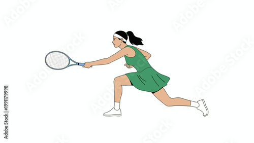 Female tennis player reaching for shot with racket illustration