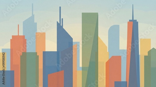 Artistic geometric cityscape with pastel-colored skyscrapers, creating a modern and abstract urban panorama.