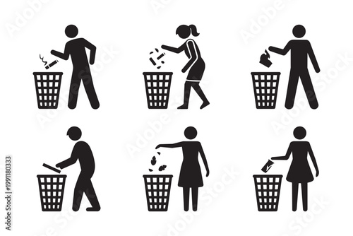 Collection of people disposing trash into a bin, isolated on transparent background, representing proper disposal and environmental awareness.