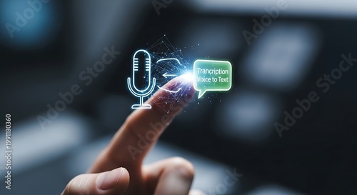 Voice transcription technology. A close-up of a finger touching a holographic microphone icon, which transforms into a text icon, symbolizing speech-to-text.