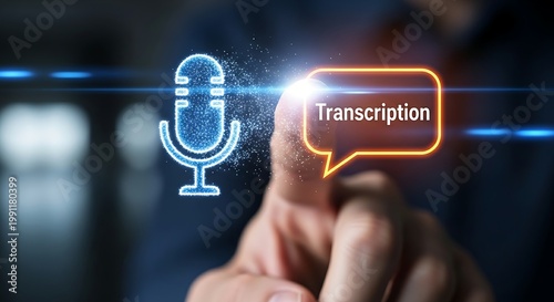 Voice transcription technology. A close-up of a finger touching a holographic microphone icon, which transforms into a text icon, symbolizing speech-to-text.