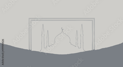 Mystical Mosque Silhouette Illustration with Dome and Minarets, Framed by Mountains Against a Dark Night Sky