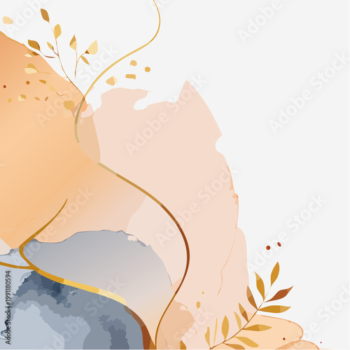 Watercolor art background vector. Wallpaper design with paint brush Earth tone watercolor, gold line and gold foil texture. Illustration for prints, wall art, cover and invitation cards.