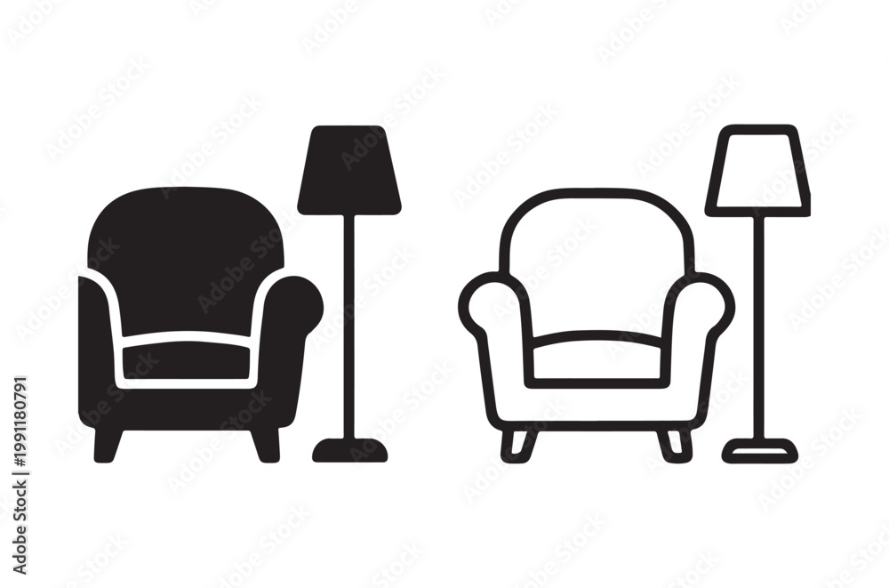 Obraz premium Black and white illustration of chairs and lamps in a room