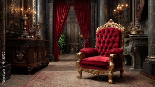Ornate throne room interior with a luxurious red velvet chair and opulent décor