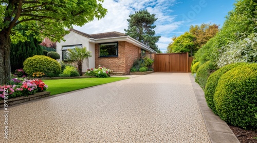 Modern resin driveway leading to a house with a green lawn