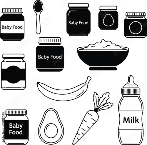 Black and white baby food with jars bottles and fruit milk spoon
