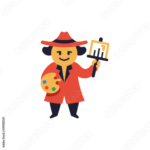 Cartoon artist in a hat holding palette and brush, creative concept illustration