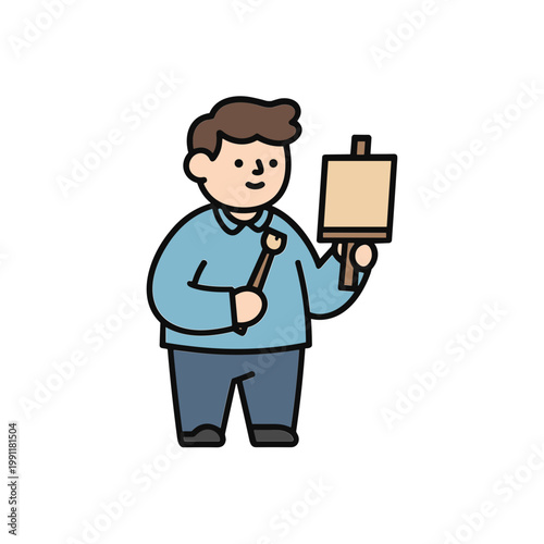 Cartoon Artist Man Holding Easel and Brush, Drawing and Painting Concept