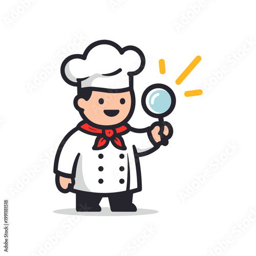 Cartoon Chef Character Holding Magnifying Glass with Sparkle - Culinary Investigation