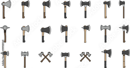 Axe Tool Icon Set with Different Woodcutting and Battle Axes, Lumberjack Equipment, Vintage Weapons, and Hand Tools Collection for Construction, Survival, and Craft Design Projects.