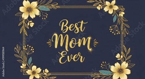 Gold and navy floral mother's day greeting with script text gold floral navy blue background white daisies