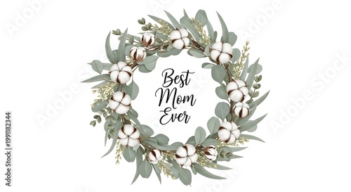 Eucalyptus leaves and cotton stems with men ever text in white script green leaves white text
