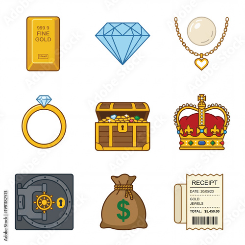 Collection of valuable items and symbols of wealth.
