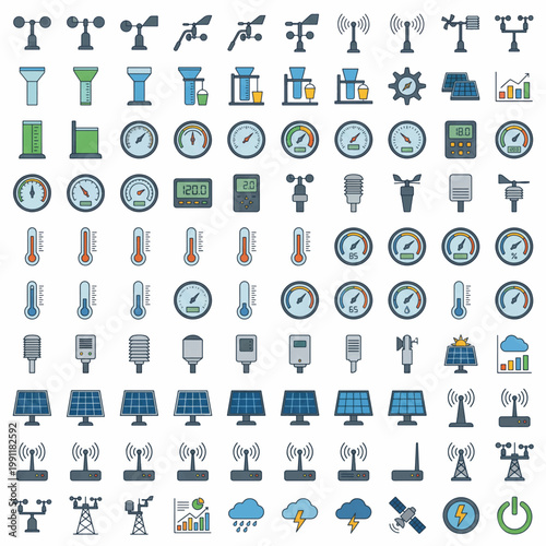 Εκτύπωση καμβά Collection of weather instruments and meteorological icons.