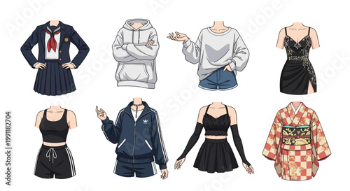 Various fashion styles and clothing items for men and women illustrated