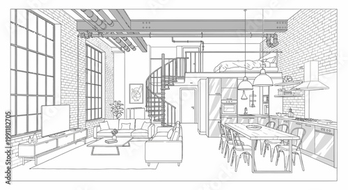 Contemporary Industrial Loft Apartment Interior Design Outline Illustration. Open Plan Living Room, Dining, Kitchen with Mezzanine