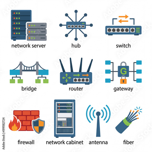 Computer Network Equipment Icons Set Technology Symbols.