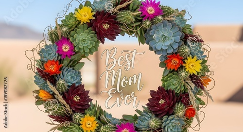 Desert inspired floral arrangement with colorful cactus flowers in a rustic wooden frame desert floral arrangement