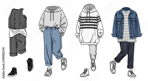 Four stylish outfit combinations with detailed clothing items and shoes