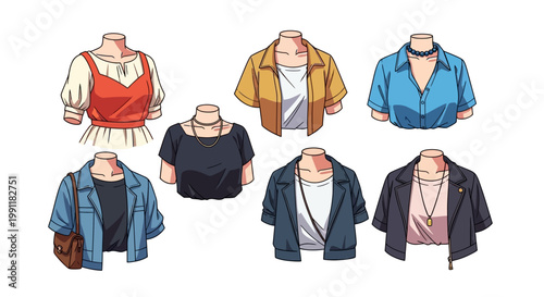 Cartoon illustration of various trendy outfits on headless mannequins showcasing different styles and fashion ensembles for men and women