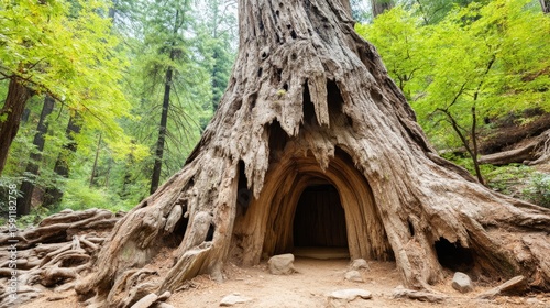 Majestic Hollow Tree Trunk Carved in Scenic Forest Setting with Lush Foliage